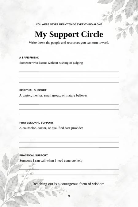 A page for writing down safe friends, spiritual support, professional support, and practical help