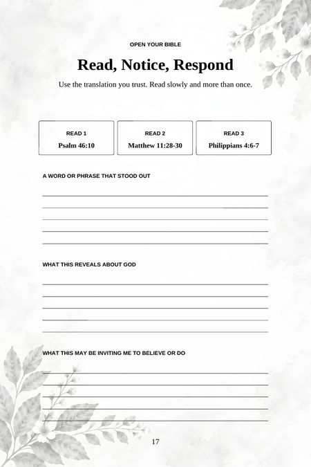 A Scripture reflection page listing three passages to read, with room to record what stood out