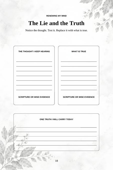 A two-column page for naming a recurring thought, testing it against Scripture, and writing what is true