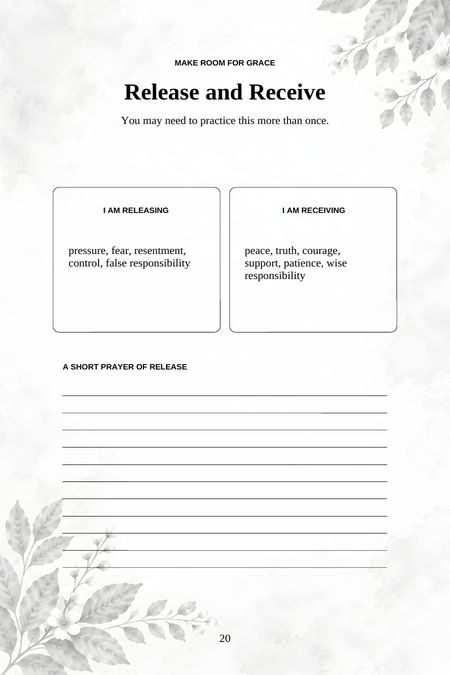 A gentle reset page with space to name what you are releasing and what you are receiving, plus a short prayer