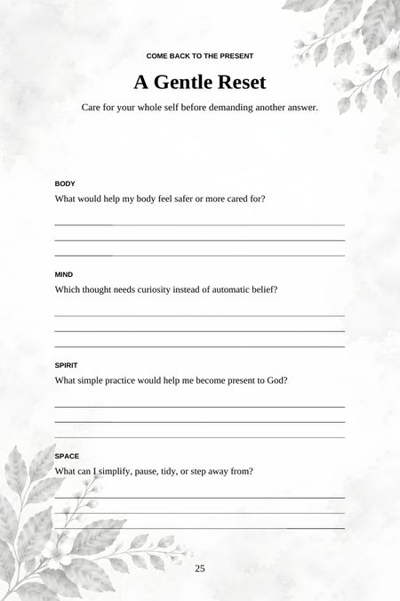 A whole-self reset page with prompts for body, mind, spirit, and space