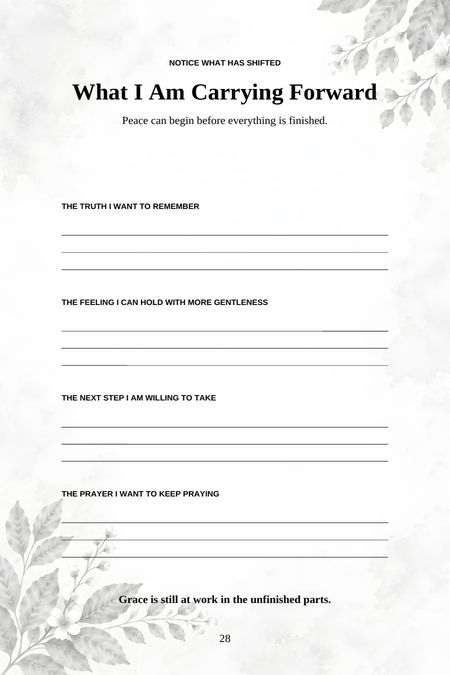 A closing reflection page for the truth, feeling, next step, and prayer you are taking with you