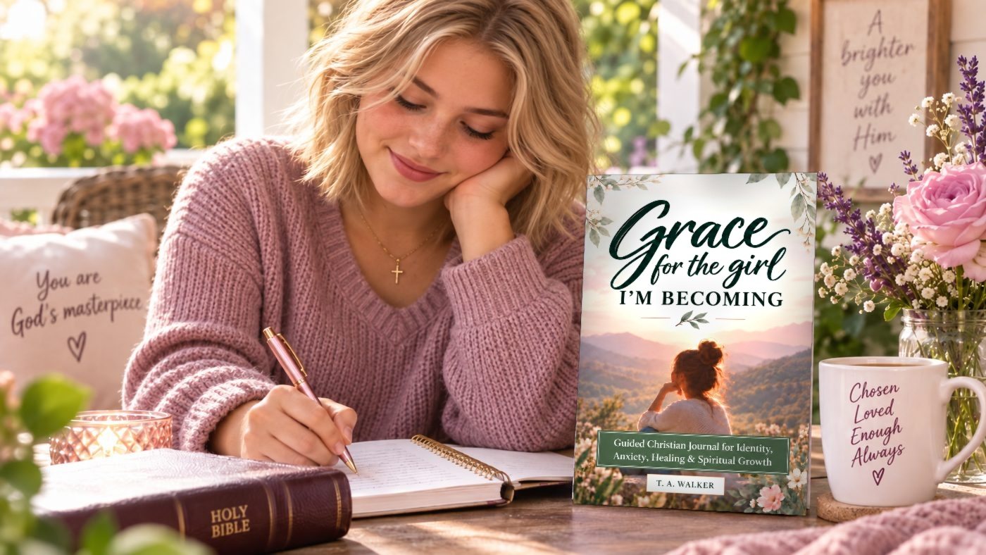A woman journaling beside a Bible and the Grace for the Girl I’m Becoming book.
