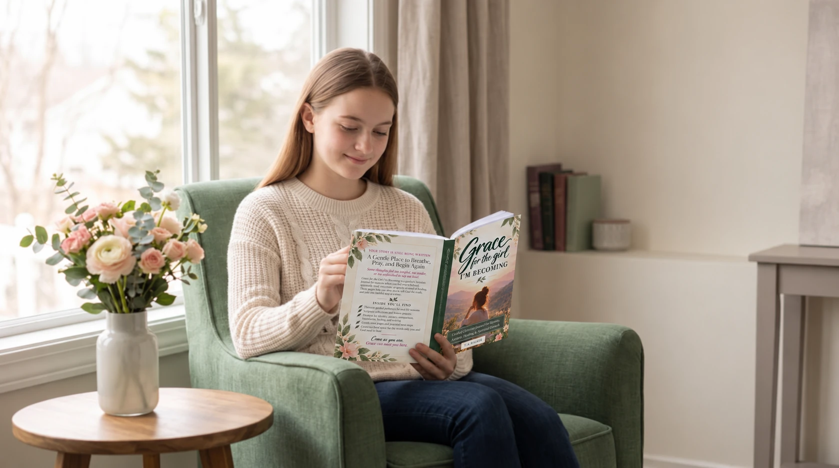 Reading Grace for the Girl I’m Becoming in a sage armchair