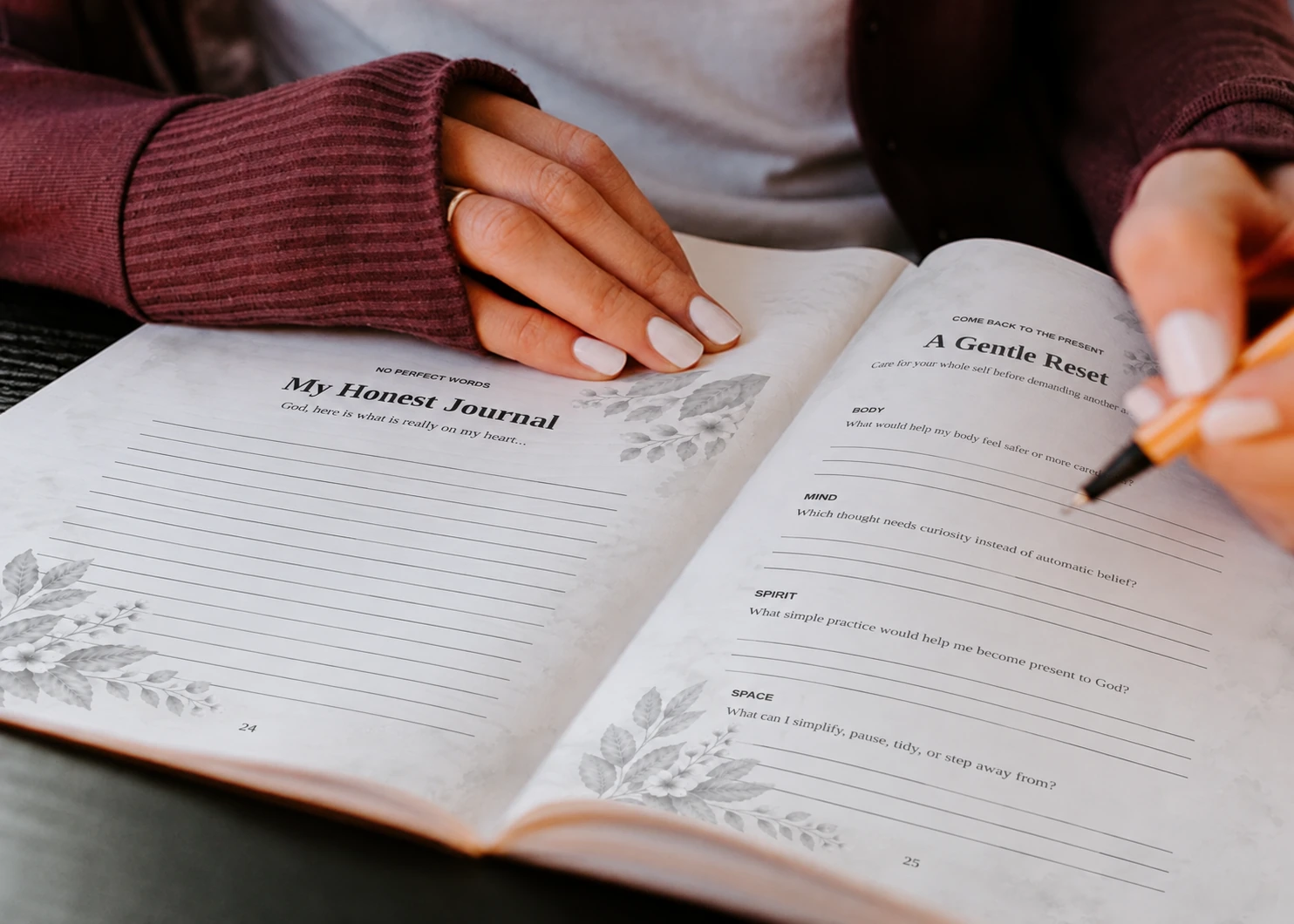 My Honest Journal and A Gentle Reset pages in an open journal