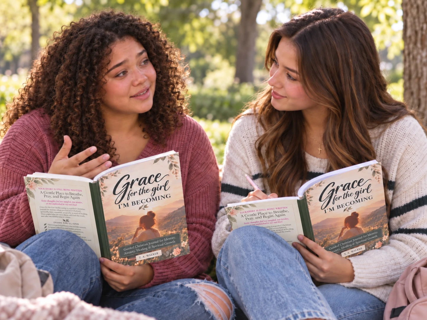 Two women talking outdoors with open Grace for the Girl I’m Becoming journals, showing the front and back covers.