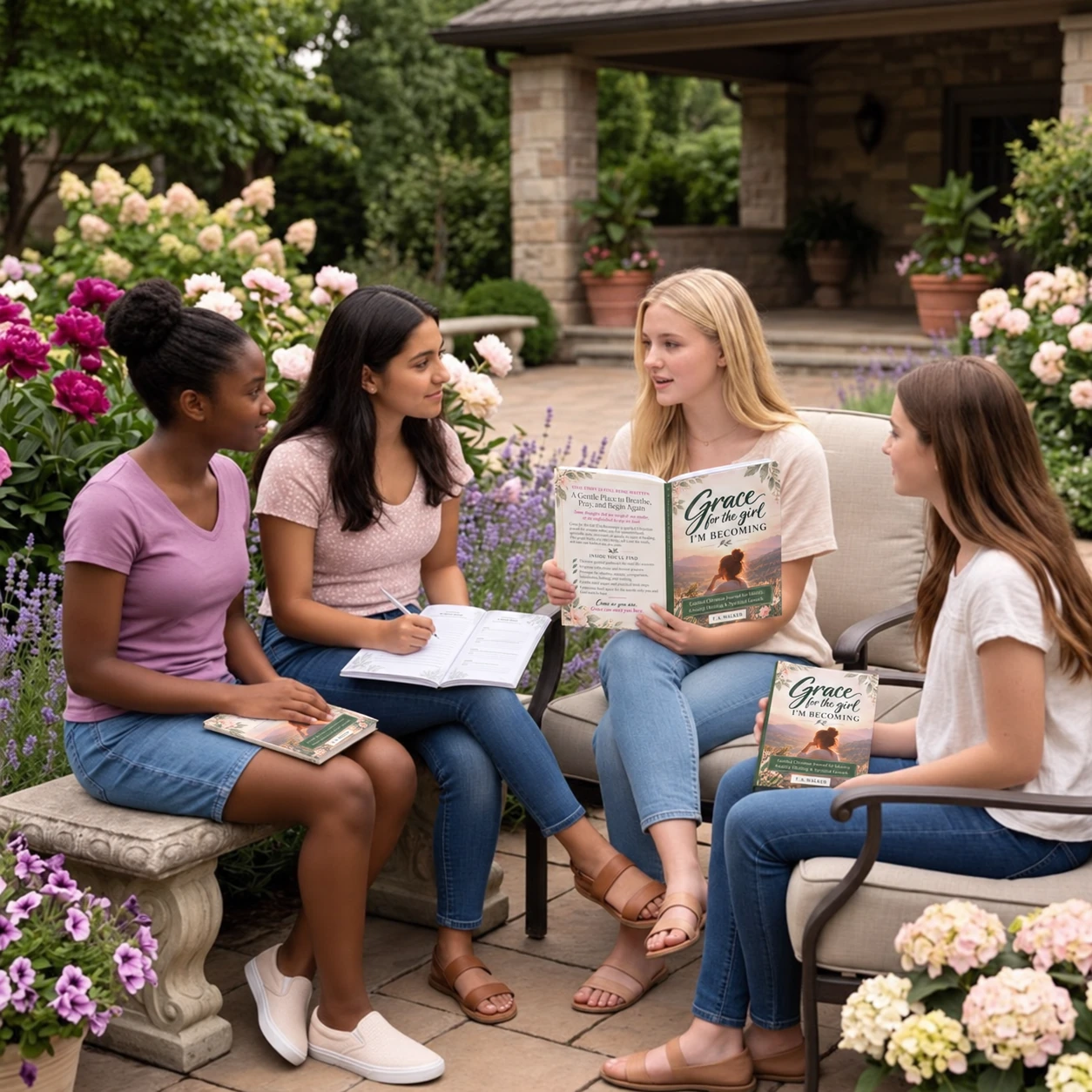 Four women sitting together in a flower garden with Grace for the Girl I’m Becoming journals.