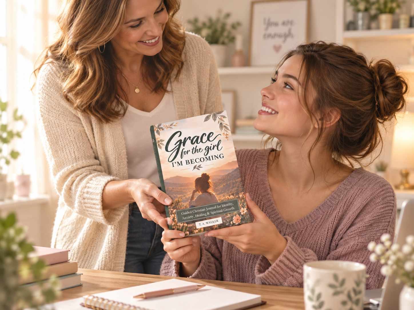 Two women smiling together as they hold a copy of Grace for the Girl I’m Becoming.