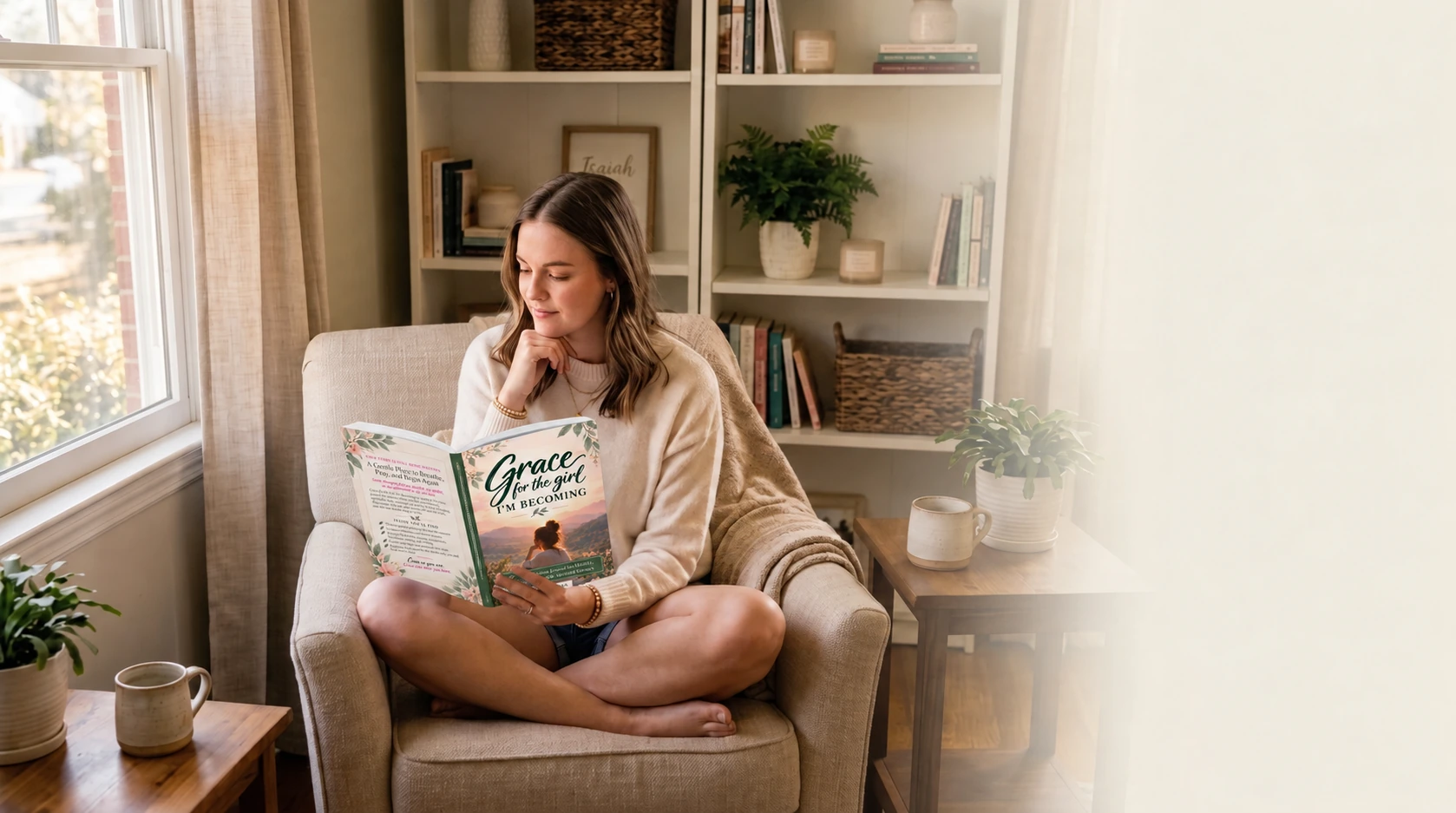 A woman reading Grace for the Girl I’m Becoming in an armchair beside a window, with the front and back covers visible.