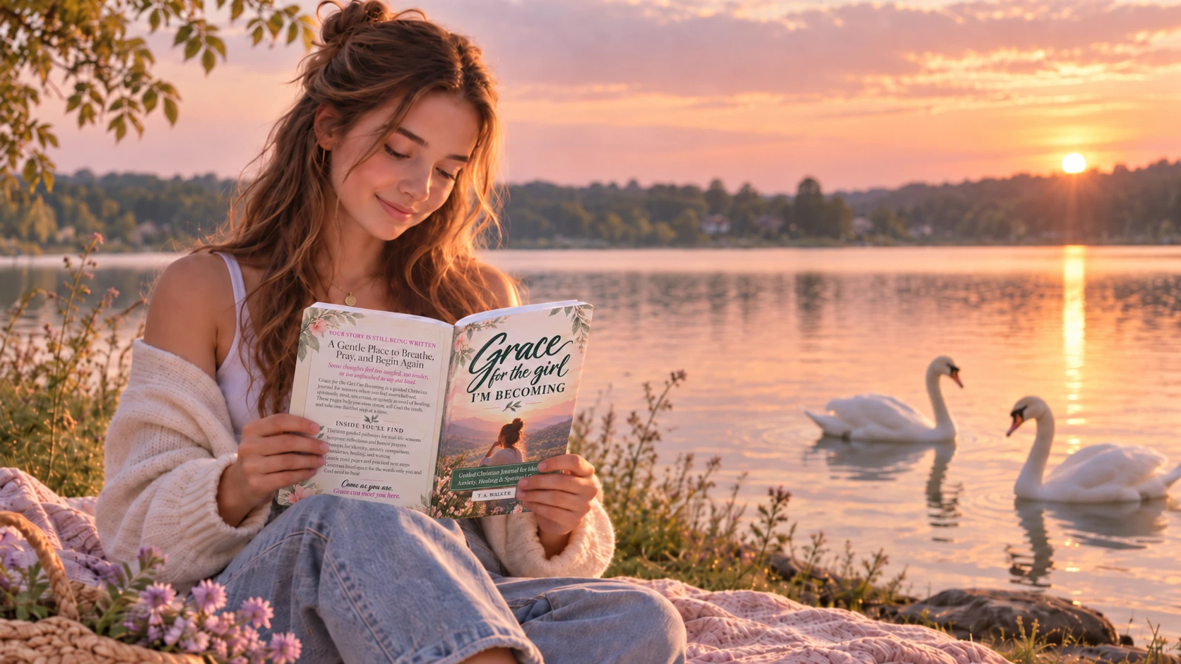A young woman reading Grace for the Girl I’m Becoming beside a lake at sunset, with two swans on the water