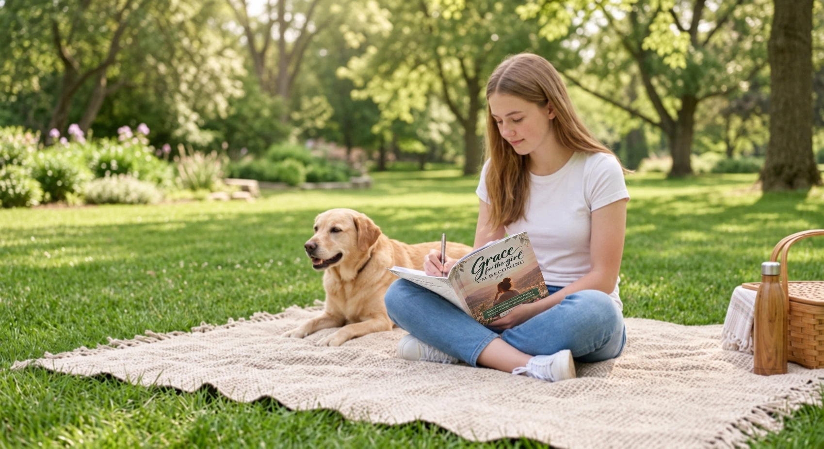 Journaling in the park beside a golden retriever
