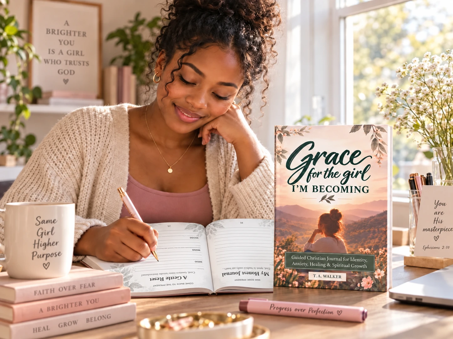 A woman writing in an open journal beside a standing copy of Grace for the Girl I’m Becoming.