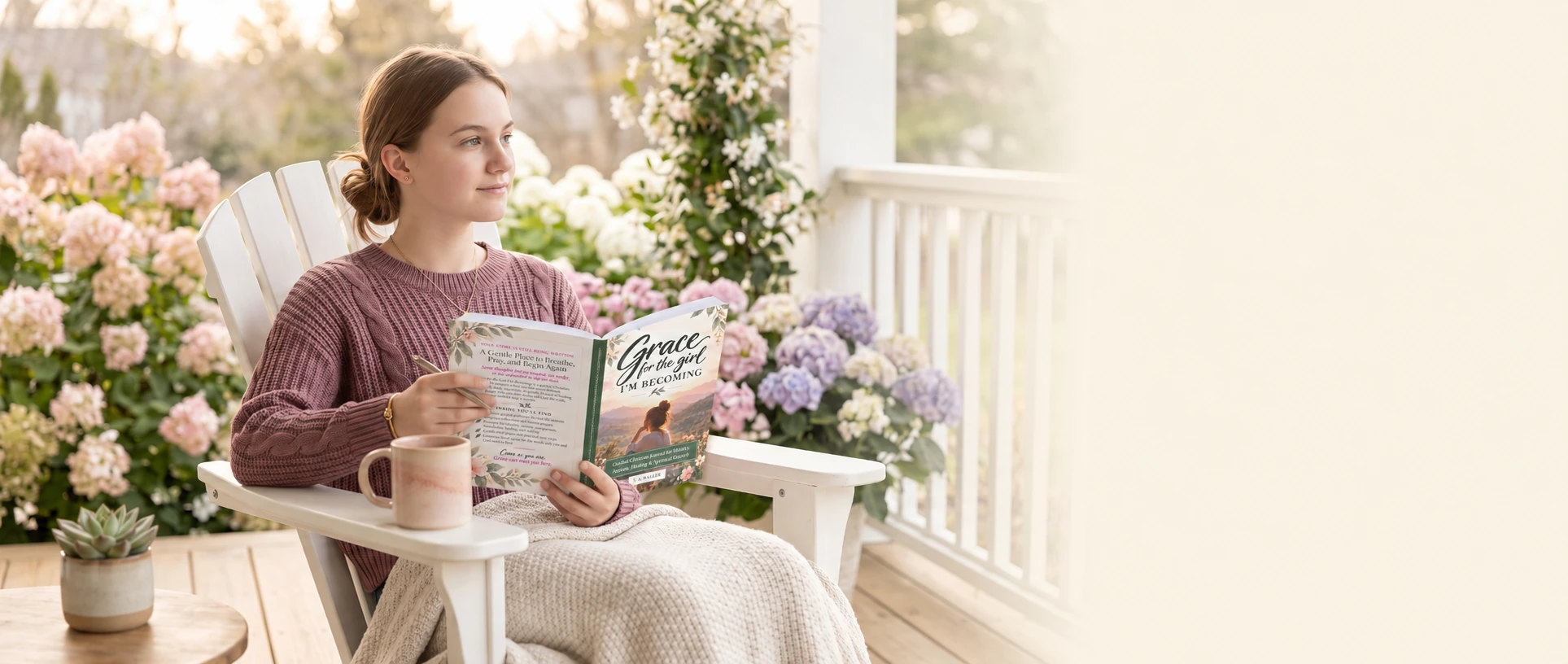 A woman reading Grace for the Girl I’m Becoming on a flower-filled porch, with the front and back covers visible.