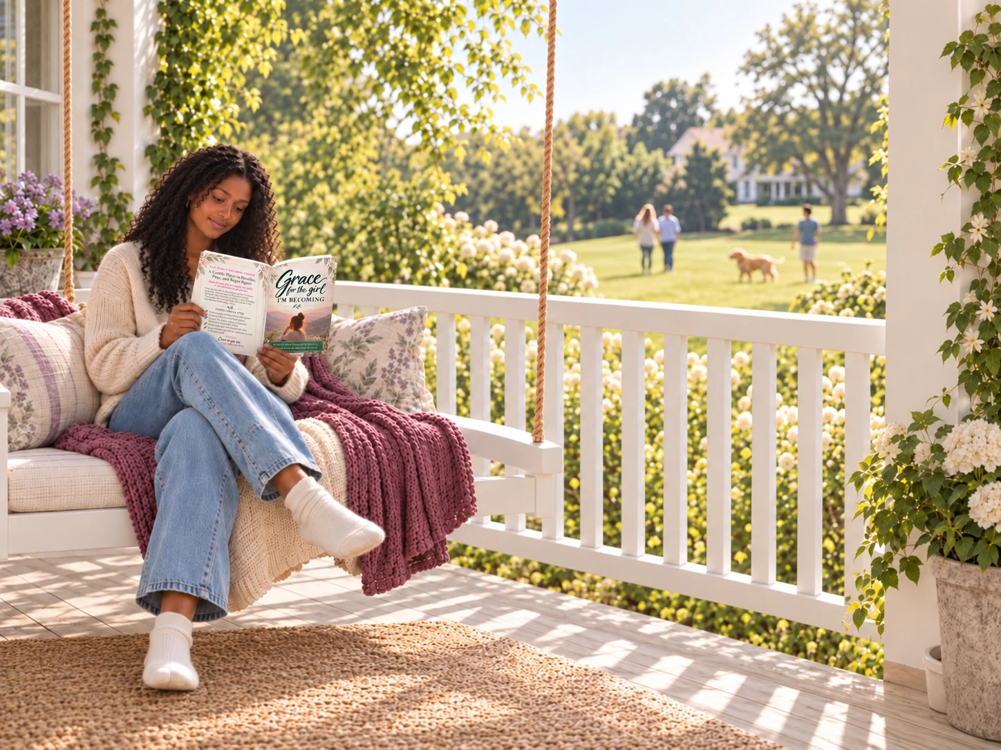 A woman reading Grace for the Girl I’m Becoming on a sunny porch swing.