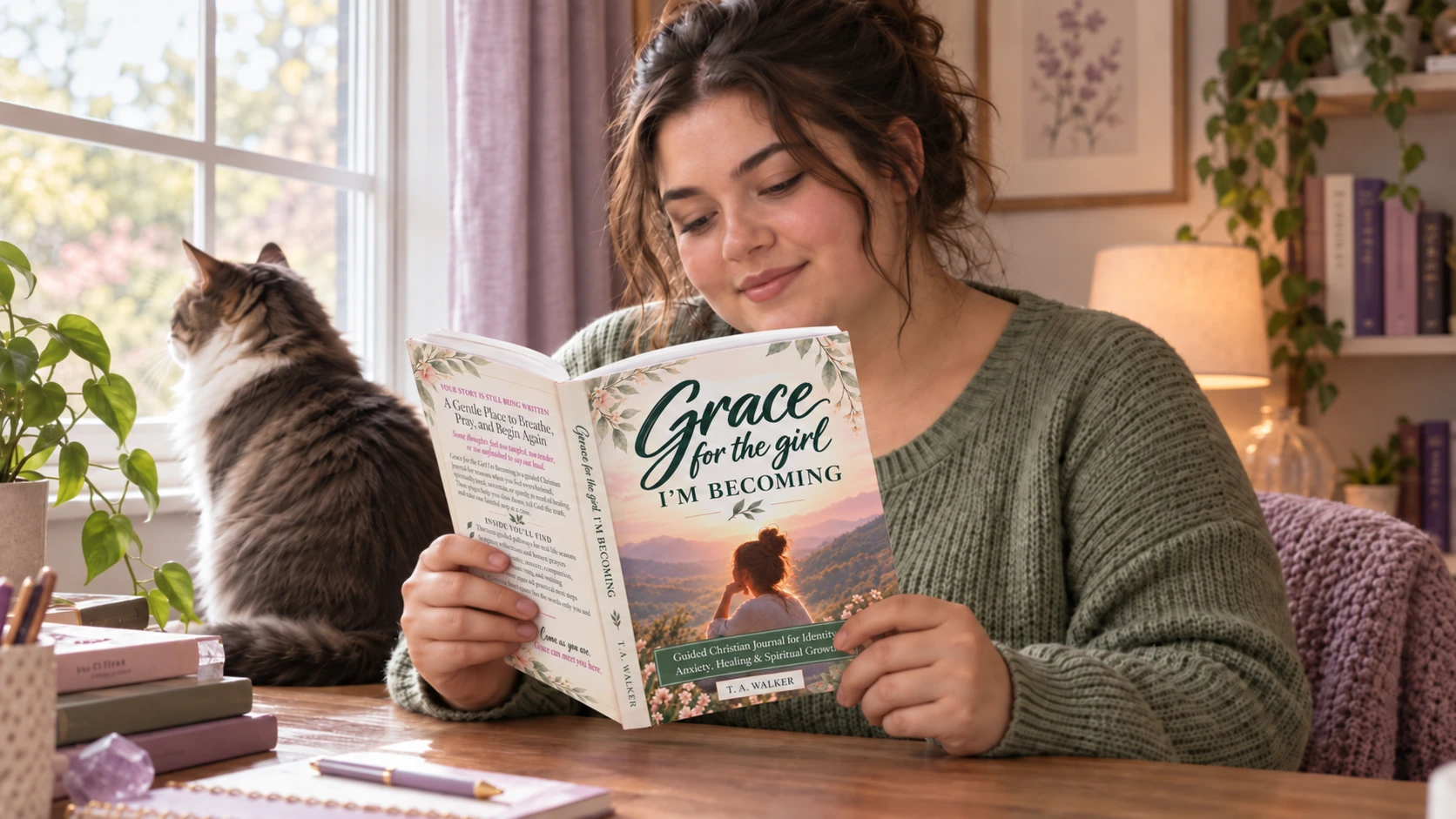A woman reading Grace for the Girl I’m Becoming beside a cat at a window.