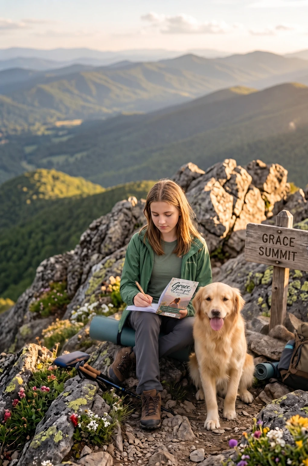 Journaling on a mountain summit beside a golden retriever
