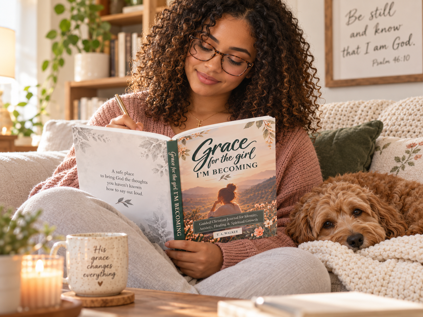 A young woman with curly hair and glasses writes in Grace for the Girl I’m Becoming on a couch beside her dog.