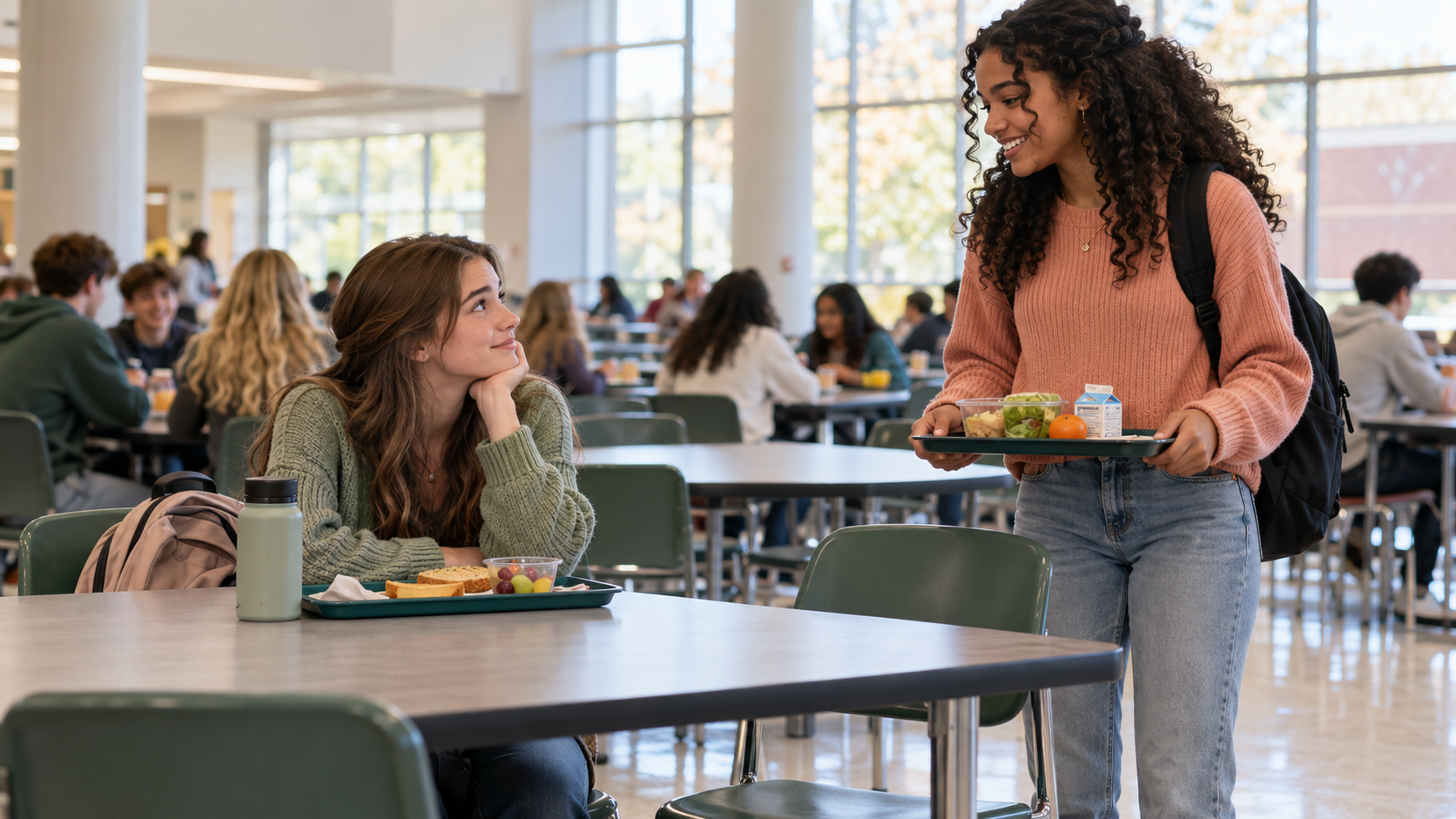 A smiling girl stands with her lunch tray beside an empty chair, asking to join a girl sitting alone in a high school cafeteria.